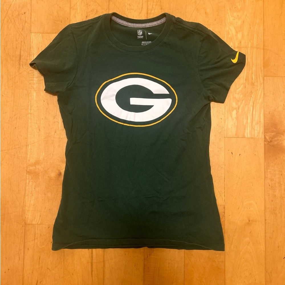 Nike NFL Women's Green Bay Packers Dark Green Logo Tee with Yellow Accent